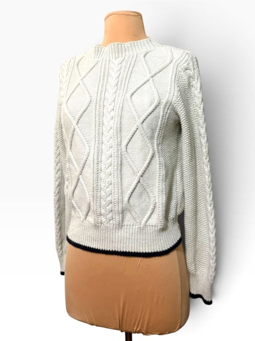 MaxMara Weekend Cable-Knit Sweater S Oyster Beige Cotton Navy Classic Preppy EUC